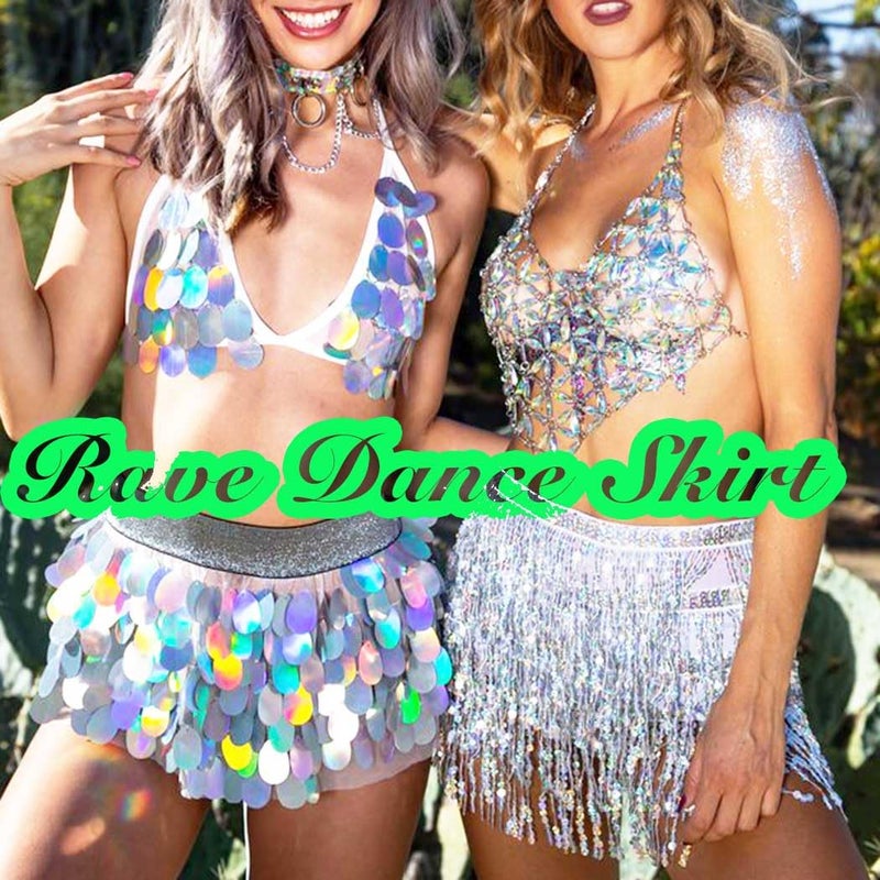 REETAN Fringe Sequin Skirt Belly Dance Mardi Gras Sparkly Rave Skirts for Women (A-Silver) - Image 3